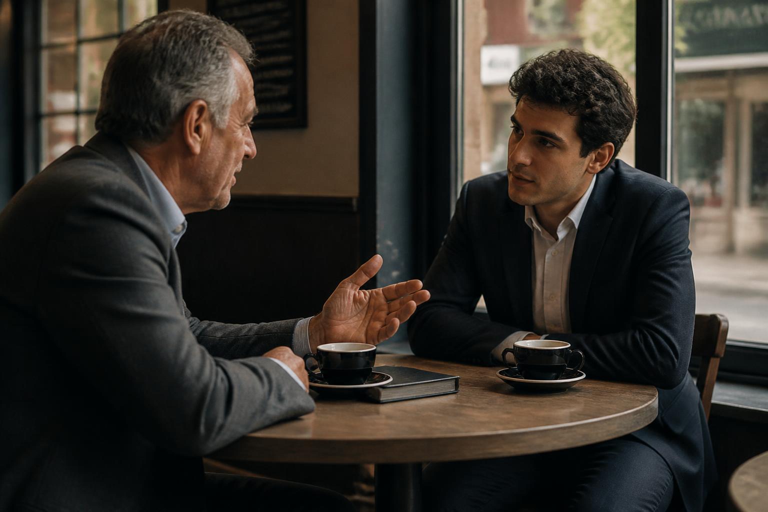 Two attorneys in a mentoring conversation over coffee